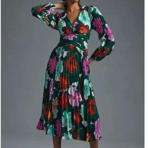 Anthropologie Pleated Green Floral Midi Dress